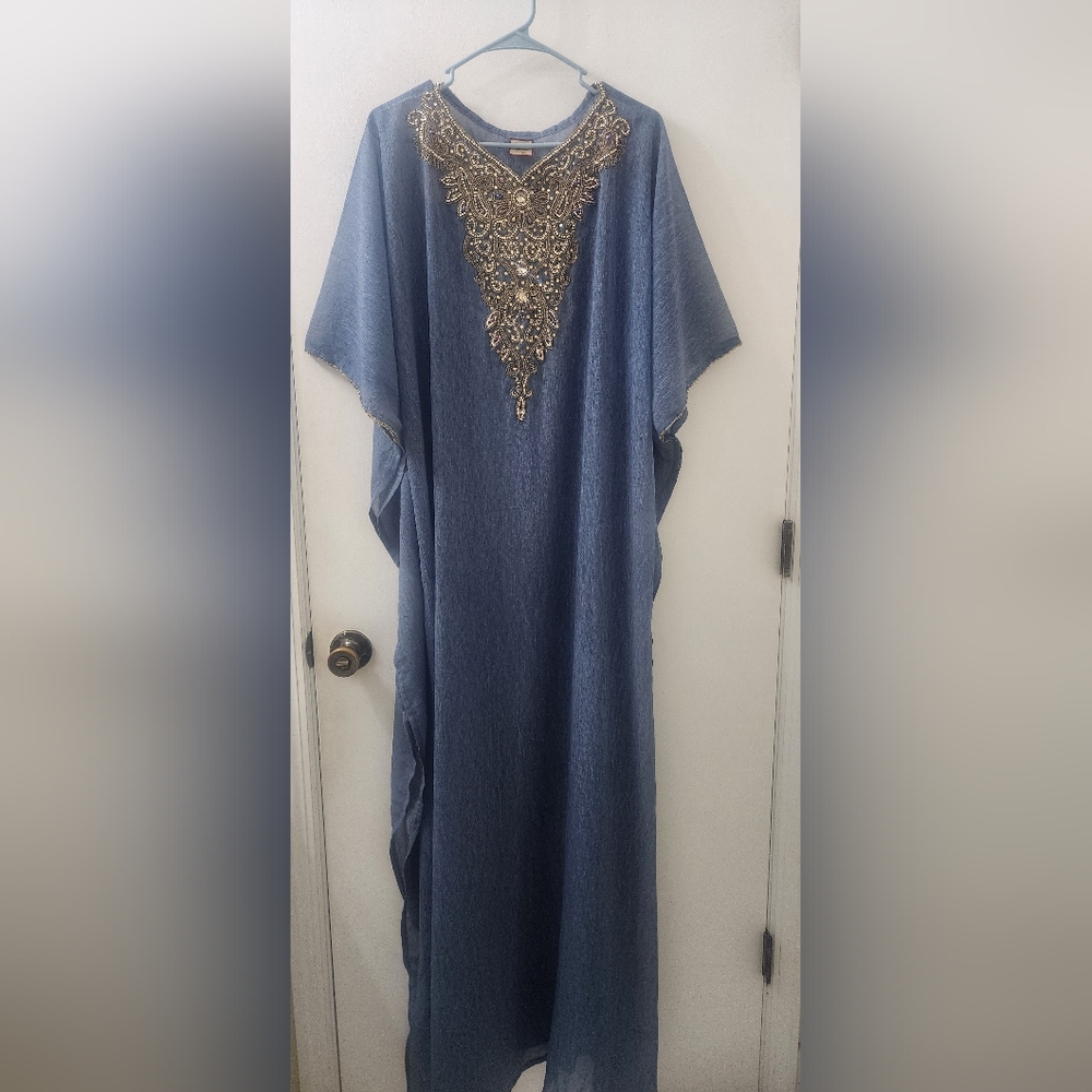 Elegant Blue Kaftan Dress with Gold Embellishments